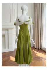 Green Satin Off-shoulder Patchwork Mesh 3d Flower Midi Dress