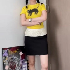 Black Cat Printed Yellow Graphic Top