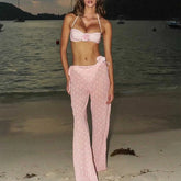 Pink Polka Dot Bikini With Cover Up Sheer Pants Set
