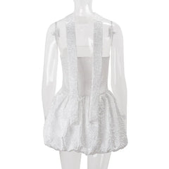 White Satin Strapless Bubble Mini Dress with Scarf