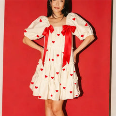 Heart Print Short Puff Sleeve Square Neck Bow Mini Dress