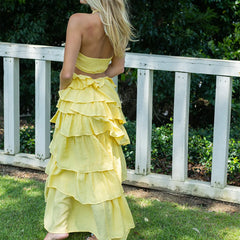 Ruffles Flowy Tiered Halter Tie Neck Maxi Dress