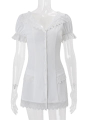 White Lace Ruffled Short Sleeve Buttoned Mini Dress
