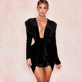 Black Velvet Deep Neck Long Sleeve Mini Dress