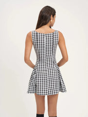 Plaid Print O-neck Sleeveless Mini Dress