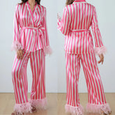 Pink Striped Feather Trim Long Sleeve Wrapped Top with Belt and Pants Pajama Set