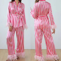 Pink Striped Feather Trim Long Sleeve Wrapped Top with Belt and Pants Pajama Set