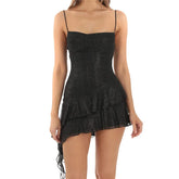 Black patterned dress worn by a model - full view