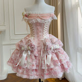 Pink Lace Up Strapless Bow Pearl Desgin Tiered Mini Dress