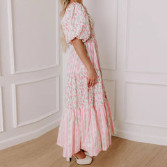 Pink Floral Patchwork Smocked Square Neck Short Puff Sleeve Maxi Dress