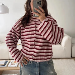 Striped Knit High Neck Zipper Cardigan