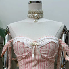 Striped Lace Trim Boned Bodice Flared Mini Dress