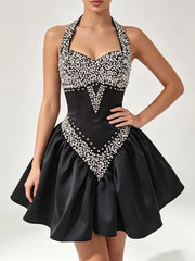 Diamond Beaded Tie-Up Neck A-Line Mini Dress