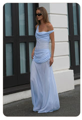 Off Shoulder Draped Corset Mesh Maxi Dress