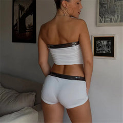 Satin Cut Out Front Draped Crop Top And Shorts Two Piece Set