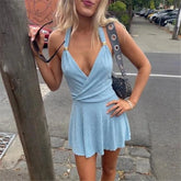 Blue Halter Gold Metal Buckle Deep Neck Wrap Mini Dress