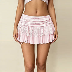Floral Lace Ruffle Side Drawstring Mini Skirt