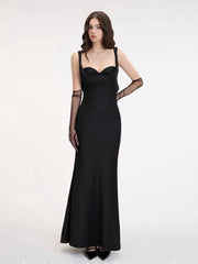 Satin Sling V Neck Backless Bow Long Dress
