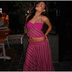 Stripe Print Open Back Tie Crop Top And Midi Skirt Set