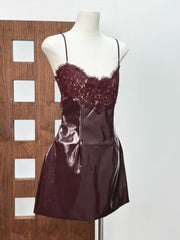 Burgundy Spaghetti Strap Lace Patchwork Pu Faux Leather Mini Dress