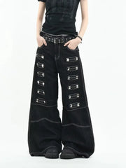 Black Rivet Metal Buckle Embellishment Wide Leg Jeans