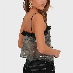 Sequin Sheer Ruffle Trim Spaghetti Strap Tie Crop Top
