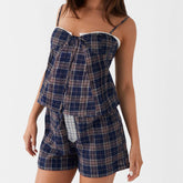 Plaid Lace Trim Sleeveless Top with Shorts Pajama Set