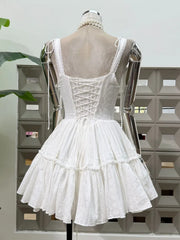 White Lace Up Spaghetti Strap Tiered Flared Mini Dress