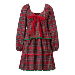 Red Plaid Tiered Long Puff Sleeve Smocked Mini Dress