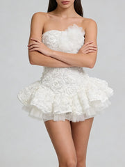 3D Flower Strapless Patchwork Ruffles Mini Dress