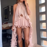 Pink Halter Ruffles Top And Mini Skirt Set