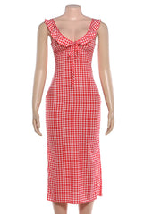 Red Plaid Ruffle V-neck Maxi Dress
