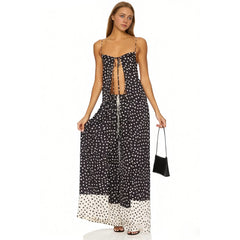 Black Dotted Slit Long Top And Maxi Skirt Set