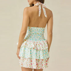 Floral Print Halter Smocked Tiered Mini Dress