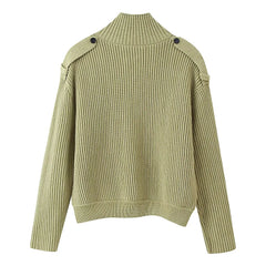 Turtleneck Knitted Stripe Textured Short Cardigan
