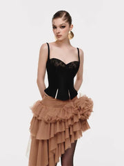 Fishbone Lace-Up Top And Mesh Asymmetrical Skirt Two-Piece Set