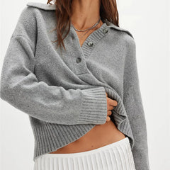 Knit Solid Long Sleeve Lapel Button Down Pullover