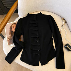 Long Sleeve Pleated Button Up Cardigan