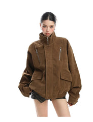 Faux Suede Stand Collar Zipper Jacket