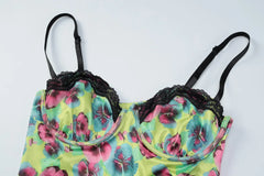 Green Floral Printed Lace Trim Mini Dress