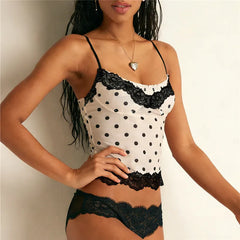 White Lace Patchwork Polka Dot Print Spaghetti Strap Mesh Tank Top