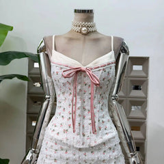 Floral Corset Strap Bow Corset And Mesh Overlay Mini Skirt Set