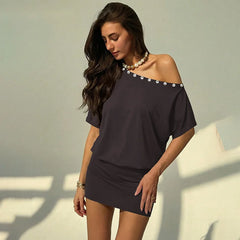 Button Applique Diagonal Collar Short Sleeve T-shirt Dress