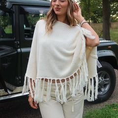 White Knit Poncho with Tassels Top