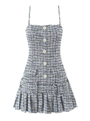 Grey Tweed Strap Frill Pleared Mini Dress