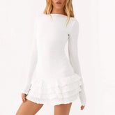White Tierred Long Sleeve Tie Up Lace Back Mini Dress