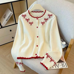 Jacquard Bow Round Neck Knitted Cardigan