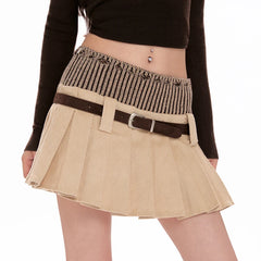 Patchwork Corduroy Pleated Mini Skirt with Belt