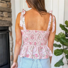 Floral Print Peplum Tie Shoulder Smocked Top