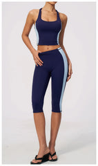 Two-Tone Contrast Seam Crop Top And Capri Leggings Set